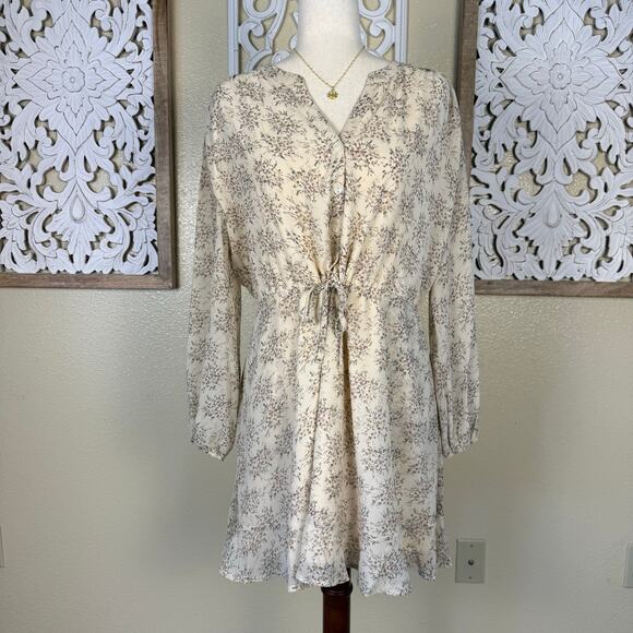 NWT Promesa | Long Sleeve Ditsy Floral Cream Dress Popover Cinched Waist Medium - Picture 1 of 9